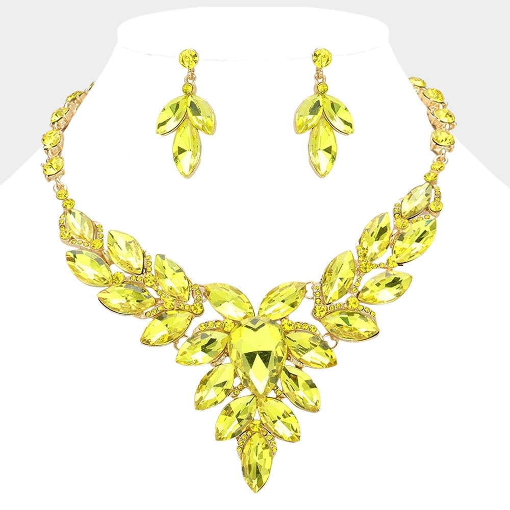 Yellow Crystal Teardrop Cluster Marquise Evening Statement Necklace Set